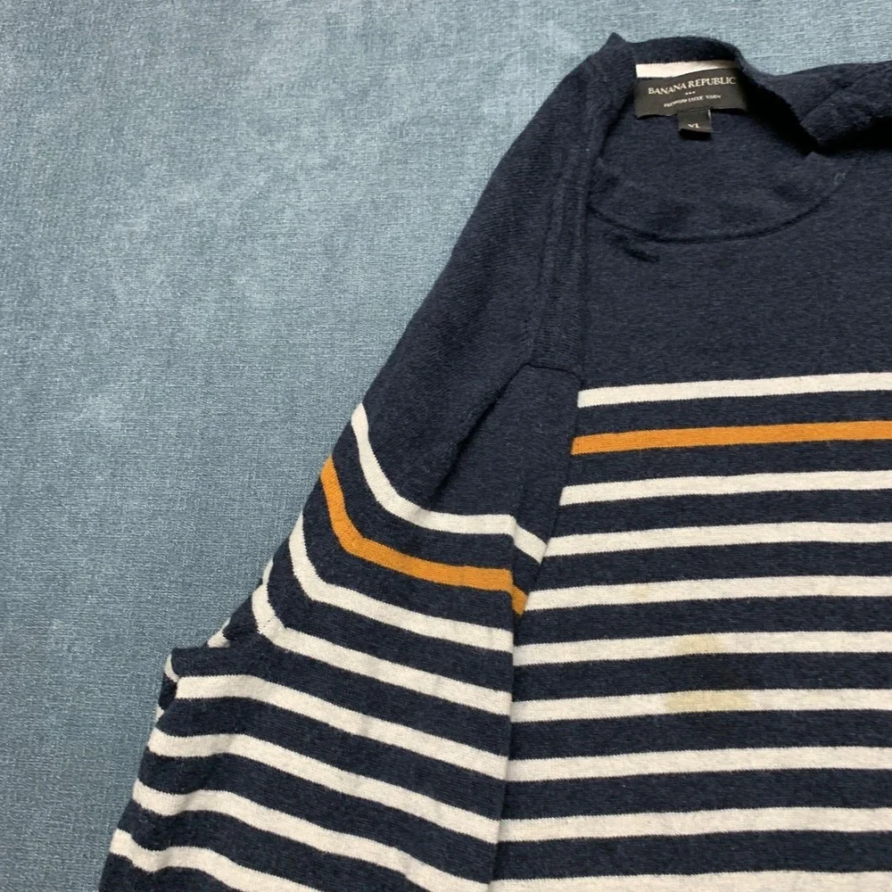 Banana Republic Premium Luxe Yarn Crew Sweater Mens XL Navy White Striped Casual